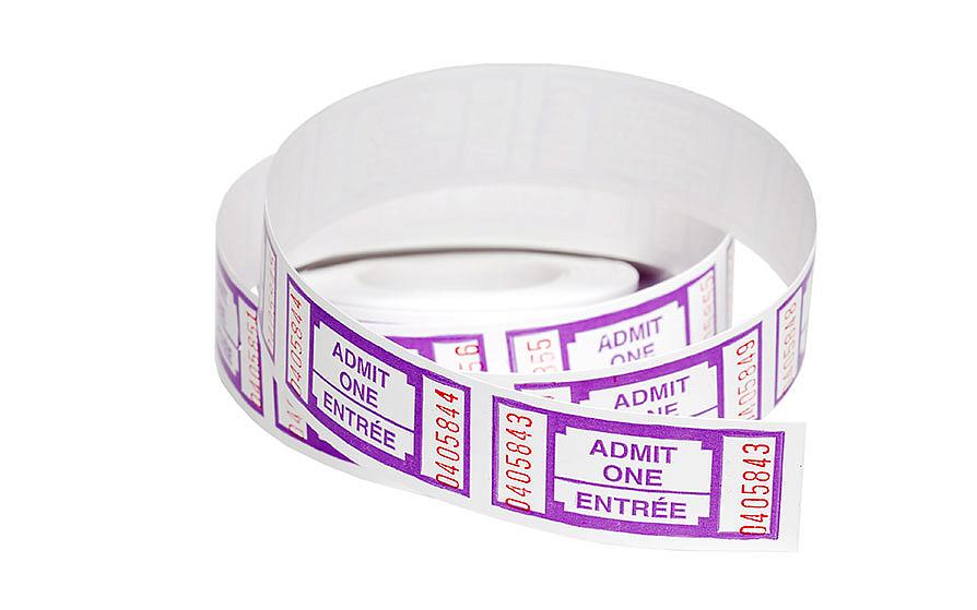 roll of admission tickets on white background